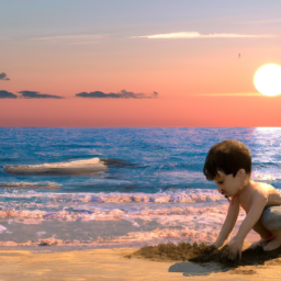 生成一个孩子在沙滩玩耍，夕阳
