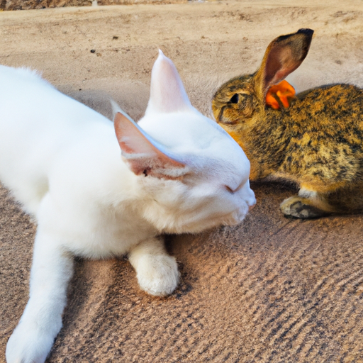 Rabbit play with cat